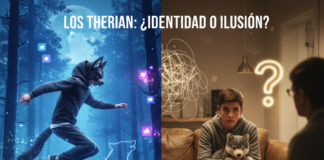 Composición visual que contrasta a un joven con máscara de lobo en un entorno digital frente a un adolescente en una consulta psicológica, analizando el fenómeno therian.