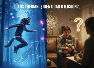 Composición visual que contrasta a un joven con máscara de lobo en un entorno digital frente a un adolescente en una consulta psicológica, analizando el fenómeno therian.