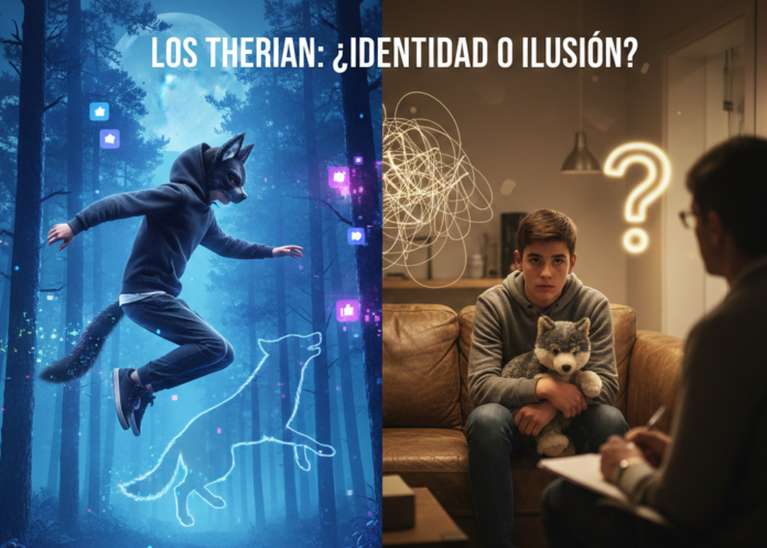 Composición visual que contrasta a un joven con máscara de lobo en un entorno digital frente a un adolescente en una consulta psicológica, analizando el fenómeno therian.