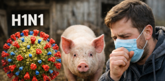 Ilustración del virus H1N1 junto a un cerdo y una persona con síntomas de gripe porcina