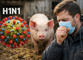 Ilustración del virus H1N1 junto a un cerdo y una persona con síntomas de gripe porcina