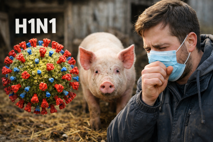 Ilustración del virus H1N1 junto a un cerdo y una persona con síntomas de gripe porcina