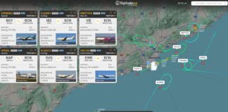 Captura de FlightRadar24 mostrando múltiples aviones realizando esperas circulares sobre el mar frente a Barcelona debido al fuerte viento.