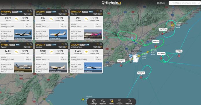 Captura de FlightRadar24 mostrando múltiples aviones realizando esperas circulares sobre el mar frente a Barcelona debido al fuerte viento.