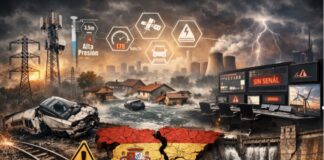 Infografía sobre fallos en infraestructuras críticas en España, telemetría y desastres naturales.