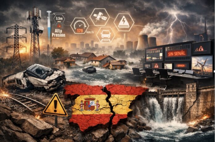 Infografía sobre fallos en infraestructuras críticas en España, telemetría y desastres naturales.
