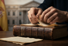 Primer plano de manos manipulando y arrancando páginas de un ejemplar de la Constitución Española con el Congreso de los Diputados al fondo.