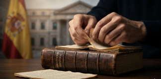 Primer plano de manos manipulando y arrancando páginas de un ejemplar de la Constitución Española con el Congreso de los Diputados al fondo.