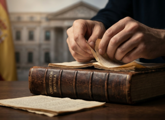 Primer plano de manos manipulando y arrancando páginas de un ejemplar de la Constitución Española con el Congreso de los Diputados al fondo.