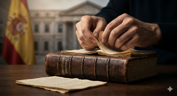 Primer plano de manos manipulando y arrancando páginas de un ejemplar de la Constitución Española con el Congreso de los Diputados al fondo.