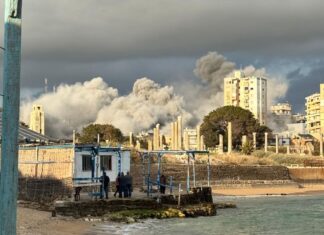 Presión masiva a Bruselas: 730.000 firmas exigen retirar los 1.100 millones de fondos europeos a Israel Densa columna de humo gris tras un bombardeo en una zona urbana costera de Tiro, Líbano, con civiles observando desde una plataforma en primer plano.