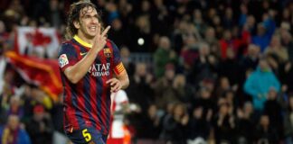 Carles Puyol en el Nou Camp durante un partido de fútbol.