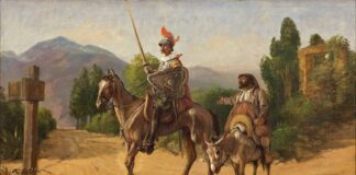 Ilustración clásica de Don Quijote y Sancho Panza recorriendo un camino