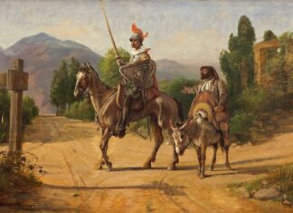 Ilustración clásica de Don Quijote y Sancho Panza recorriendo un camino