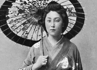 Mujer japonesa con kimono y sombrilla en el Japón del siglo XIX, imagen representativa de Forastera en la ciudad del sogún