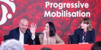 Giacomo Filibeck, Rebeca Torró y Hana Jalloul durante la presentación de la Global Progressive Mobilisation en Barcelona