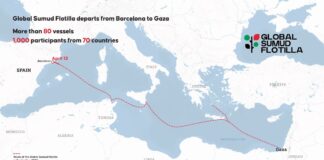 Mapa de la ruta de la Global Sumud Flotilla desde Barcelona hasta Gaza, con el trayecto marcado y datos sobre barcos y participantes.
