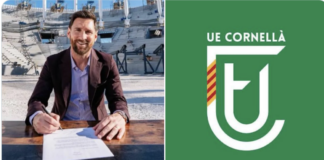 Montaje fotográfico de Leo Messi firmando el contrato de compra de la UE Cornellà y el escudo del club.