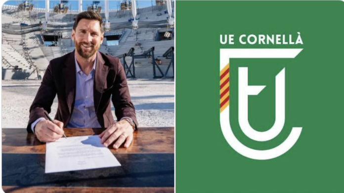 Montaje fotográfico de Leo Messi firmando el contrato de compra de la UE Cornellà y el escudo del club.
