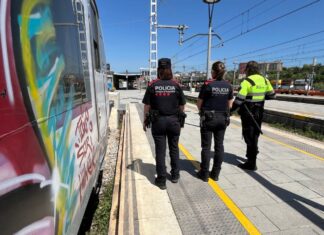 Agentes de Mossos d’Esquadra junto a un tren con grafitis en una estación de Cataluña