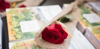 Rosa roja sobre libros en una parada de Sant Jordi en Barcelona