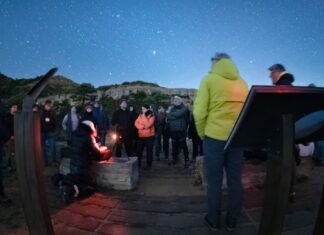 Grupo de personas realizando una observación astronómica nocturna bajo un cielo estrellado en las Muntanyes de Prades.