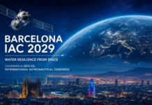 Vista futurista de Barcelona con elementos espaciales para ilustrar la candidatura de la ciudad al congreso internacional IAC 2029