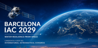 Vista futurista de Barcelona con elementos espaciales para ilustrar la candidatura de la ciudad al congreso internacional IAC 2029