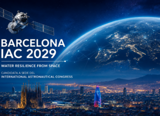 Vista futurista de Barcelona con elementos espaciales para ilustrar la candidatura de la ciudad al congreso internacional IAC 2029