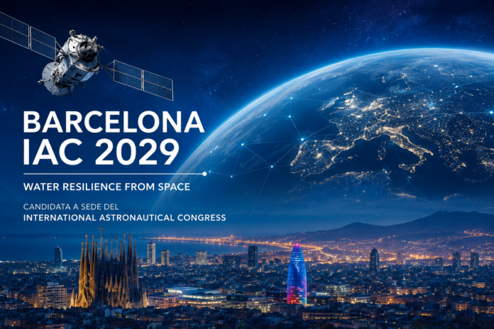 Vista futurista de Barcelona con elementos espaciales para ilustrar la candidatura de la ciudad al congreso internacional IAC 2029