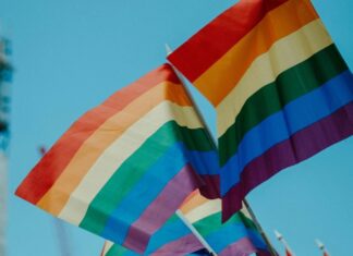Banderas arcoíris del colectivo LGTBI ondeando al aire libre.