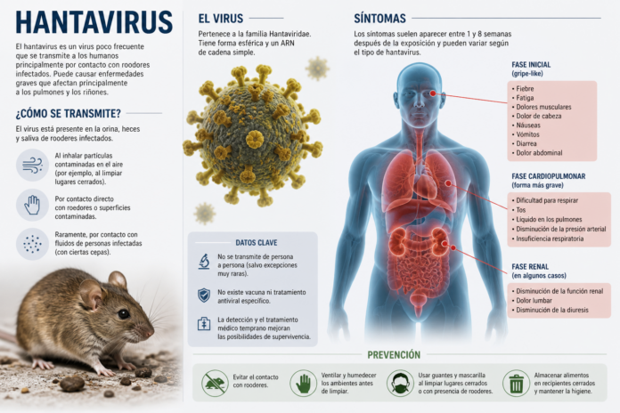 Infografía del hantavirus que muestra su transmisión por roedores y los principales síntomas en el cuerpo humano