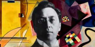 Retrato de Vasili Kandinski sobre una composición abstracta inspirada en su obra artística.
