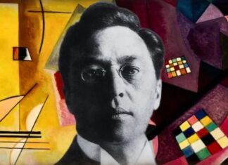 Retrato de Vasili Kandinski sobre una composición abstracta inspirada en su obra artística.