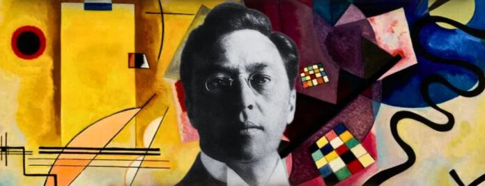 Retrato de Vasili Kandinski sobre una composición abstracta inspirada en su obra artística.