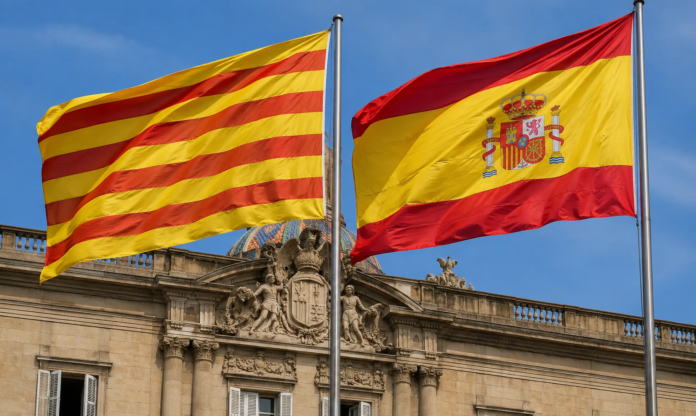 Banderas de Cataluña y España ondeando juntas frente a un edificio institucional.