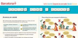 Material de la campaña «Arrenca en català» del Ayuntamiento de Barcelona para fomentar el uso del catalán en la atención ciudadana.