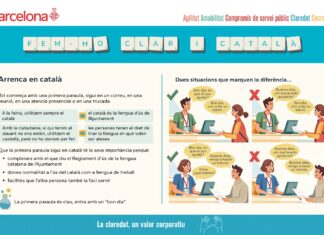 Material de la campaña «Arrenca en català» del Ayuntamiento de Barcelona para fomentar el uso del catalán en la atención ciudadana.