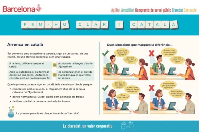 Material de la campaña «Arrenca en català» del Ayuntamiento de Barcelona para fomentar el uso del catalán en la atención ciudadana.
