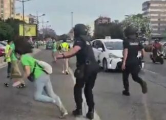 Brutal empujón de un policía nacional a una maestra en una manifestación en Valencia Momento en el que una manifestante es empujada por un agente durante una protesta de docentes en Valencia.