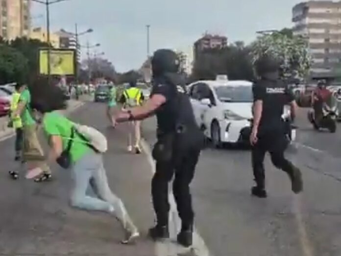 Momento en el que una manifestante es empujada por un agente durante una protesta de docentes en Valencia.