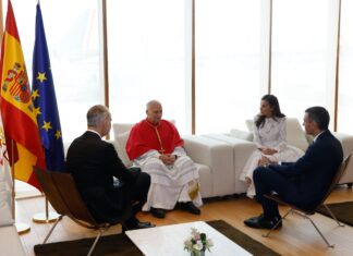 Más de 600.000 personas se inscriben para los actos del Papa en Madrid, que movilizarán a casi 2.000 voluntarios El papa León XIV conversa con los Reyes Felipe VI y Letizia y el presidente del Gobierno, Pedro Sánchez, durante un encuentro en el aeropuerto Adolfo Suárez Madrid-Barajas.