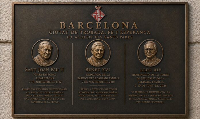 Montaje generado con inteligencia artificial que muestra cómo podría ser la placa conmemorativa propuesta por Daniel Sirera para recordar las visitas papales a Barcelona.