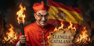 Caricatura difundida por Puigdemont en X que representa al cardenal Omella sosteniendo un documento con la inscripción "Llengua Catalana" en llamas.