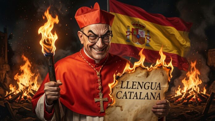 Caricatura difundida por Puigdemont en X que representa al cardenal Omella sosteniendo un documento con la inscripción 