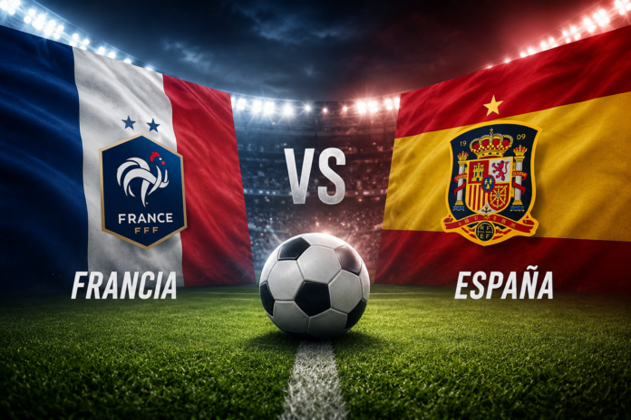 Ilustración de un balón de fútbol entre las banderas de Francia y España antes de la semifinal del Mundial.