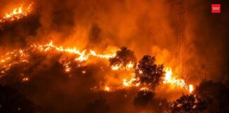 Incendio forestal con grandes llamas durante la noche en España