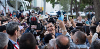 Pedro Sánchez durante un acto de la campaña electoral catalana de 2024