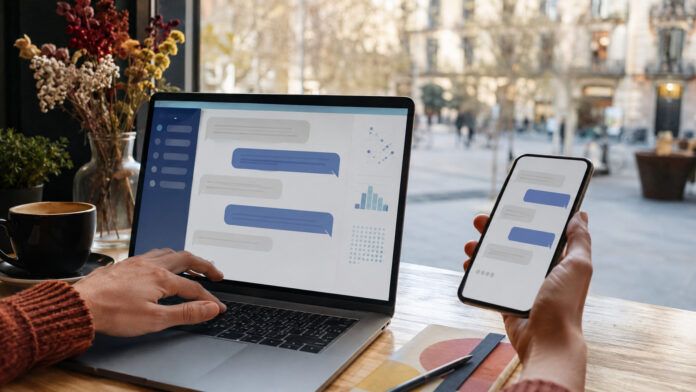 Persona utilizando aplicaciones de inteligencia artificial en un ordenador y un teléfono móvil