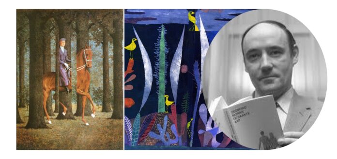 Montaje de obras de arte surrealistas con animales y un retrato del zoólogo y escritor Desmond Morris.